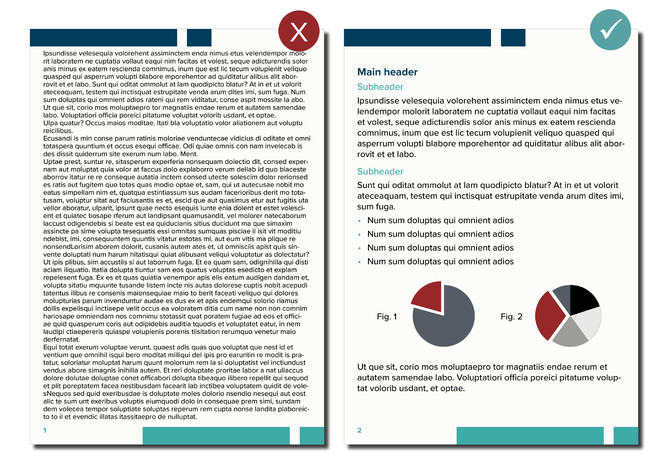 While both documents say absolute gibberish (a.k.a., Lorem Ipsum or placeholder text), the one on the right breaks up the content and is much easier to take in at a glance.