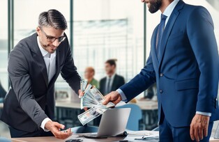 One man paying cash to another man who is holding his hands out