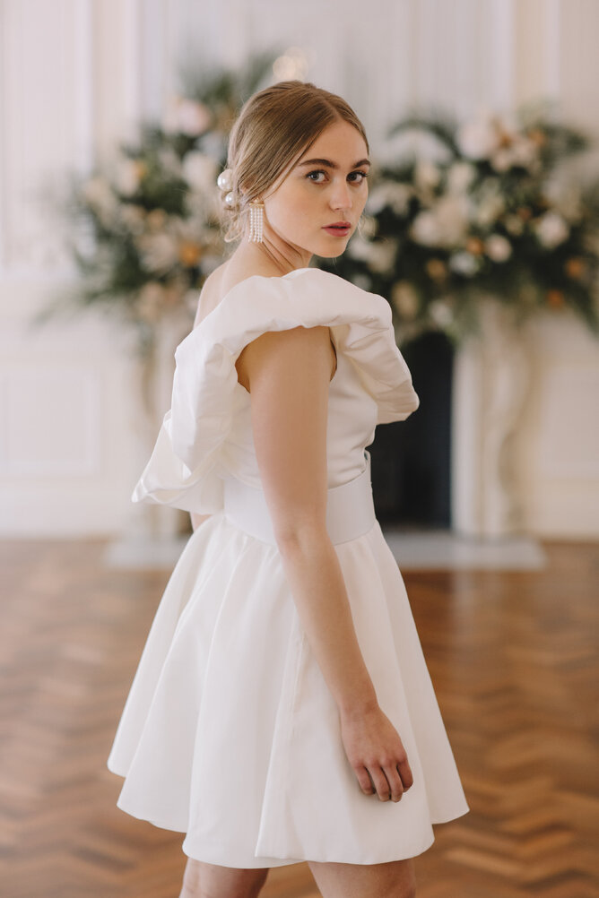 Short wedding dress by Kate Edmondson UK wedding dress designer, elopement dress, civil wedding dress, bridal reception wear, bridal reception look, custom wedding dress, custom wedding dress near me, 