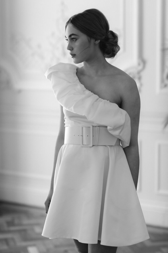Vintage short wedding dress, Asymmetrical off the shoulder cut and retro silhouette perfect for timeless glamour