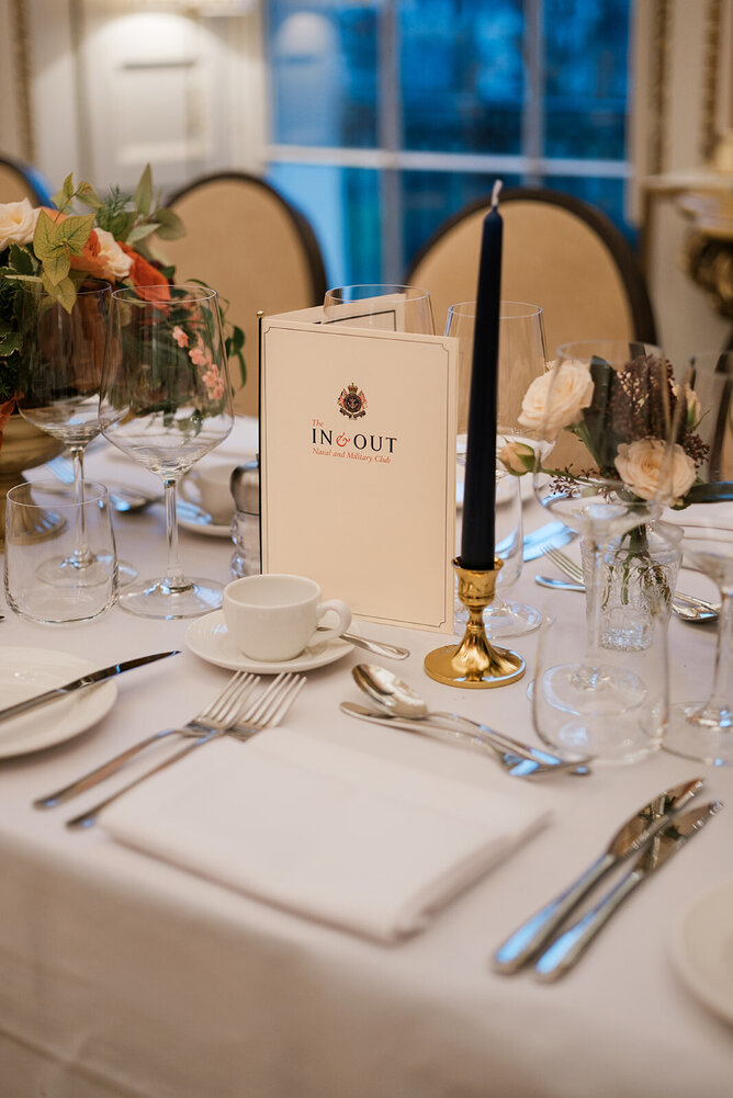 Wedding reception, table setting at the In and out Naval military club