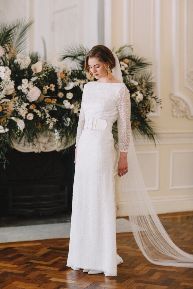 elegant wedding dresses, classic wedding dress, long sleeve lace wedding dress, minimalist wedding dress, bridal gowns, simple wedding dress, couture wedding dress UK, Luxury wedding dress designers, Affordable bespoke wedding dress London, Wedding dress designer near me