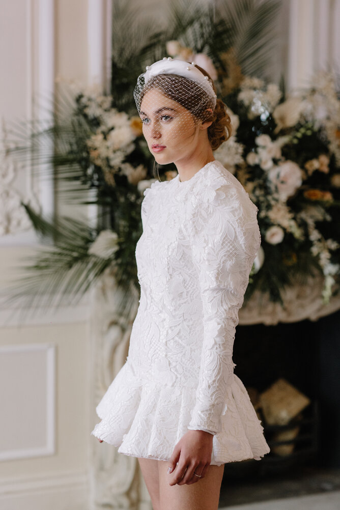 Short wedding dress by Kate Edmondson UK wedding dress designer, Civil wedding dress, Bridal mini dress, Short wedding dress with sleeves, Short white wedding dresses