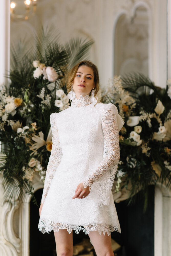 High neck wedding dress, high end wedding dresses, short bridal dress, elopement dress, couture wedding dress UK, Custom wedding dress near me, Civil wedding dress, Mini wedding dress
