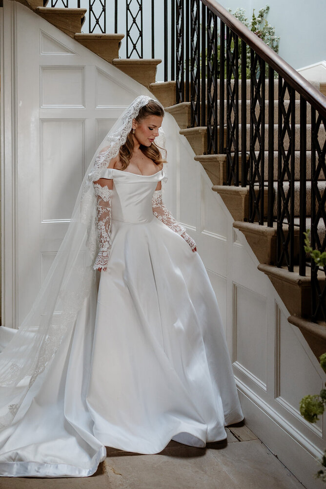 Luxury bridal fashion Garthmyl Hall, Countryside Wedding dresses, Bridal gowns UK, Off the shoulder princess line wedding dress