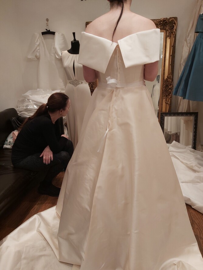 bespoke wedding dress fitting, inside our West London bridal atelier, bridal couture London, handcrafted bridal design