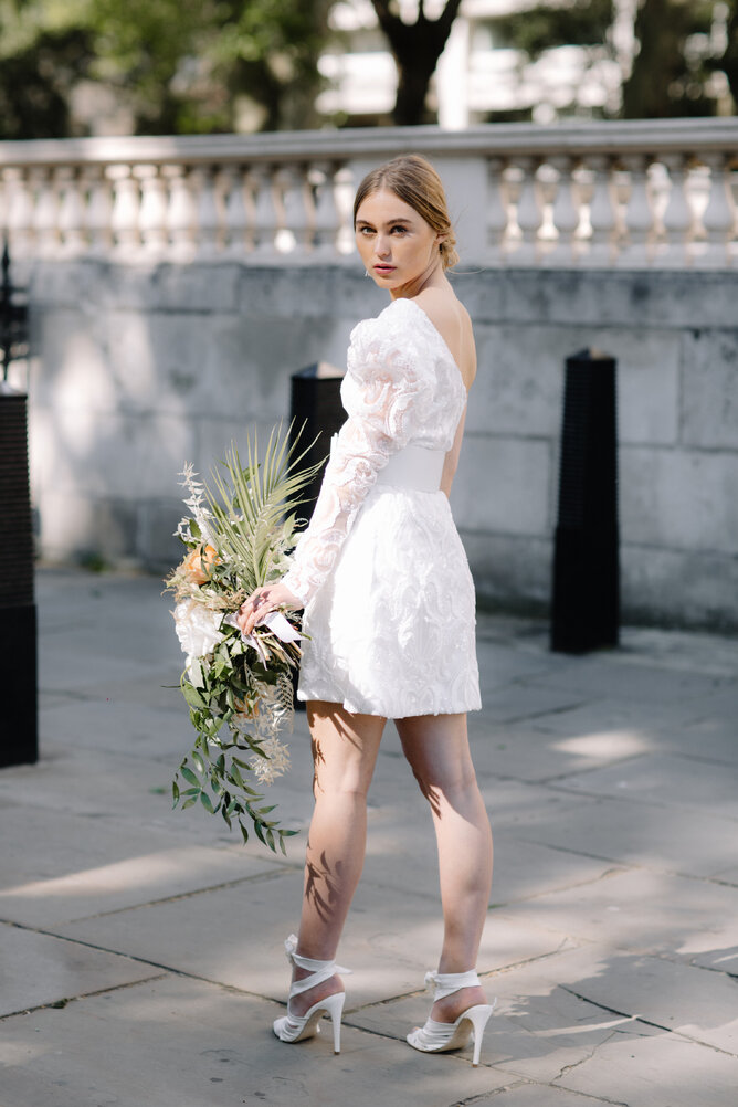 Short wedding dress by Kate Edmondson UK wedding dress designer, civil wedding dress, bridal reception dress, bridal reception wear, custom wedding dress near me,
