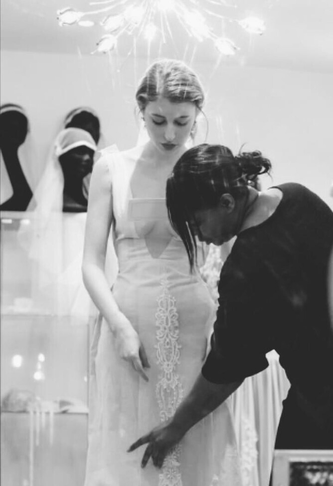 bespoke wedding dress fitting, lace detail wedding gown, couture bridal atelier