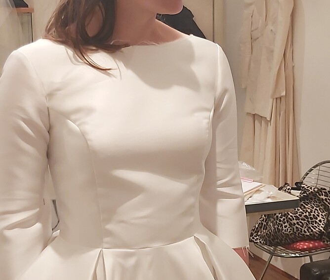 Real bride during her shelling fitting for bespoke wedding gown in our West London Bridal Atelier