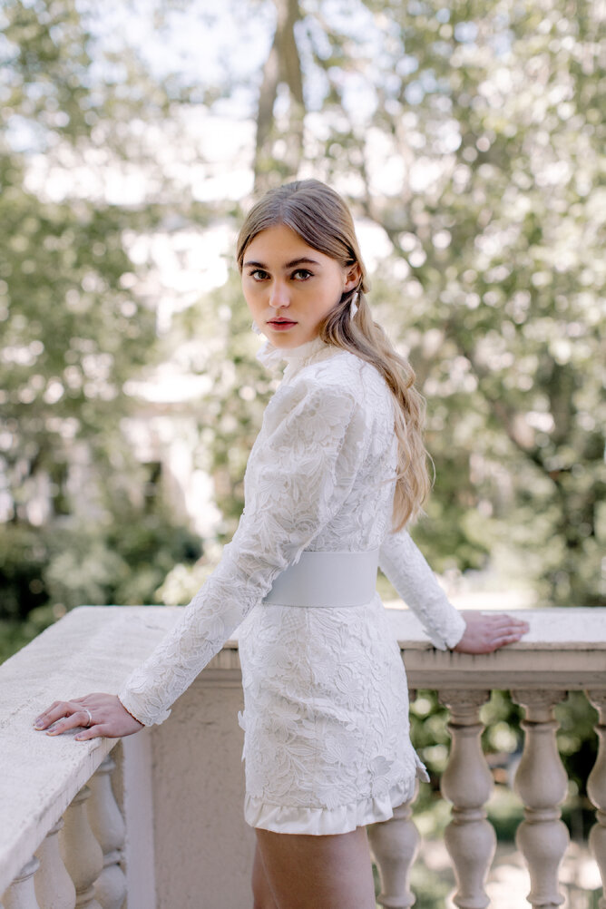 High neck wedding dress, high end wedding dresses, short bridal dress, elopement dress, couture wedding dress UK, Custom wedding dress near me, Civil wedding dress, Mini wedding dress