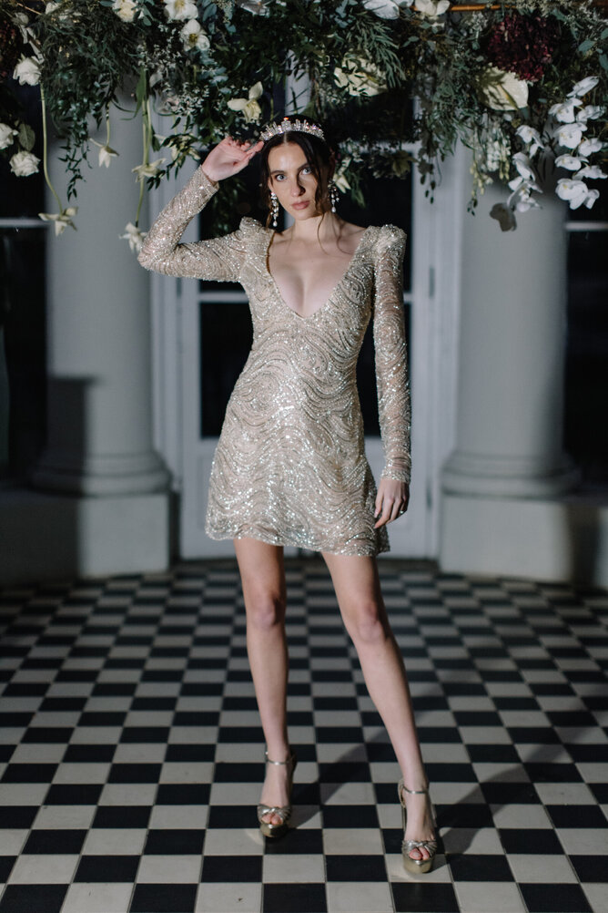Sequin embellished short wedding dress, By Kate Edmondson Bridal Couture