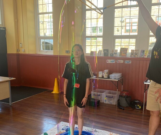 our young Volunteer, Willow trapped in a bubble