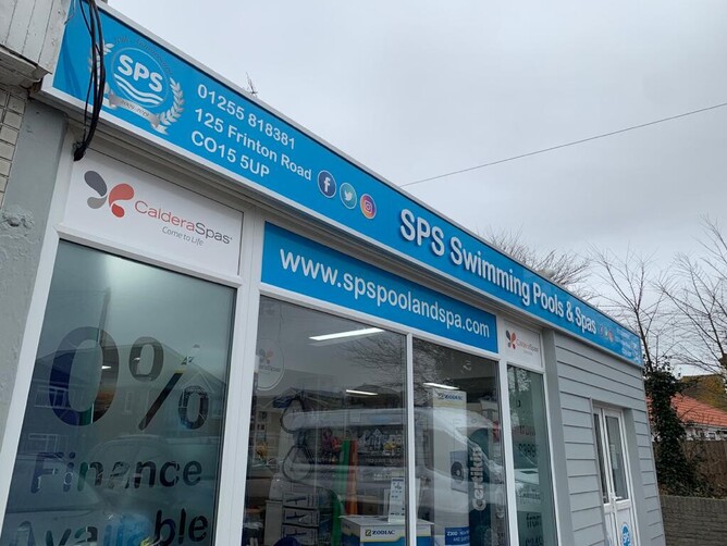SPS swimming signage on shop front created by Esign, the best sign company Colchester can offer
