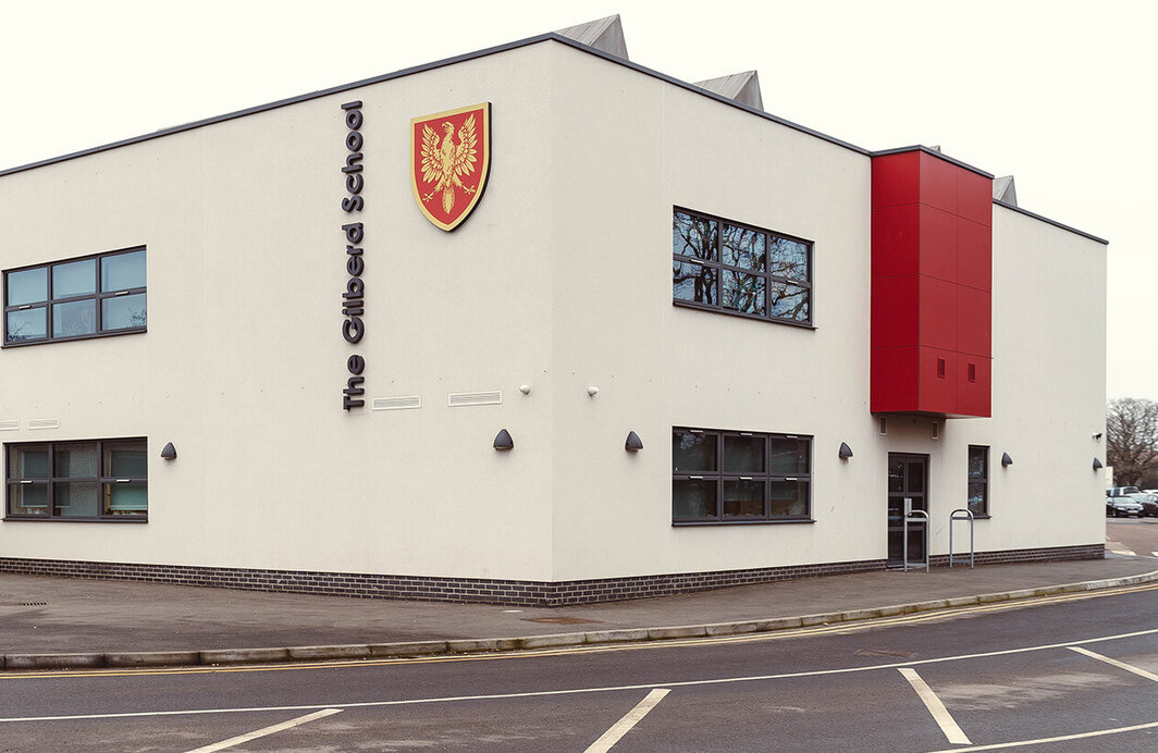 External photo of The Gilberd School showcasing school signage installed for them by Esign