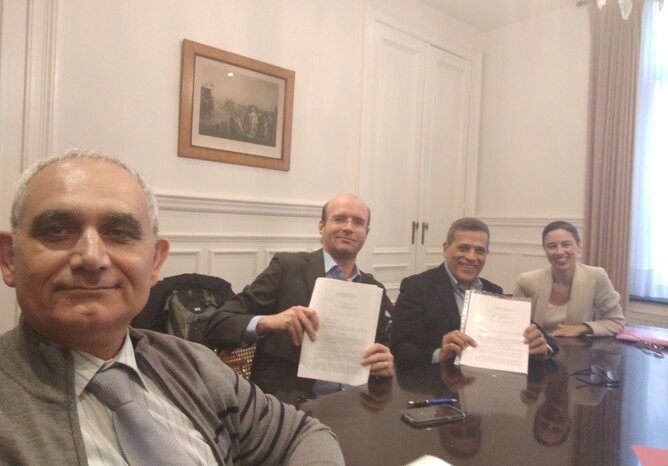 The representatives of the founding organisations on October 24th in the office of Ms notary Sofie Devus in Brussels, from left to right: Saied Tazari with mandate for Fraunhofer IGD, TRIALOG and CERTH ITI, Vicente Traver with Mandate for UPV ITACA, Sergio Guillen with mandate for MySphera, and Ana Amigo with mandate for UPM LST.