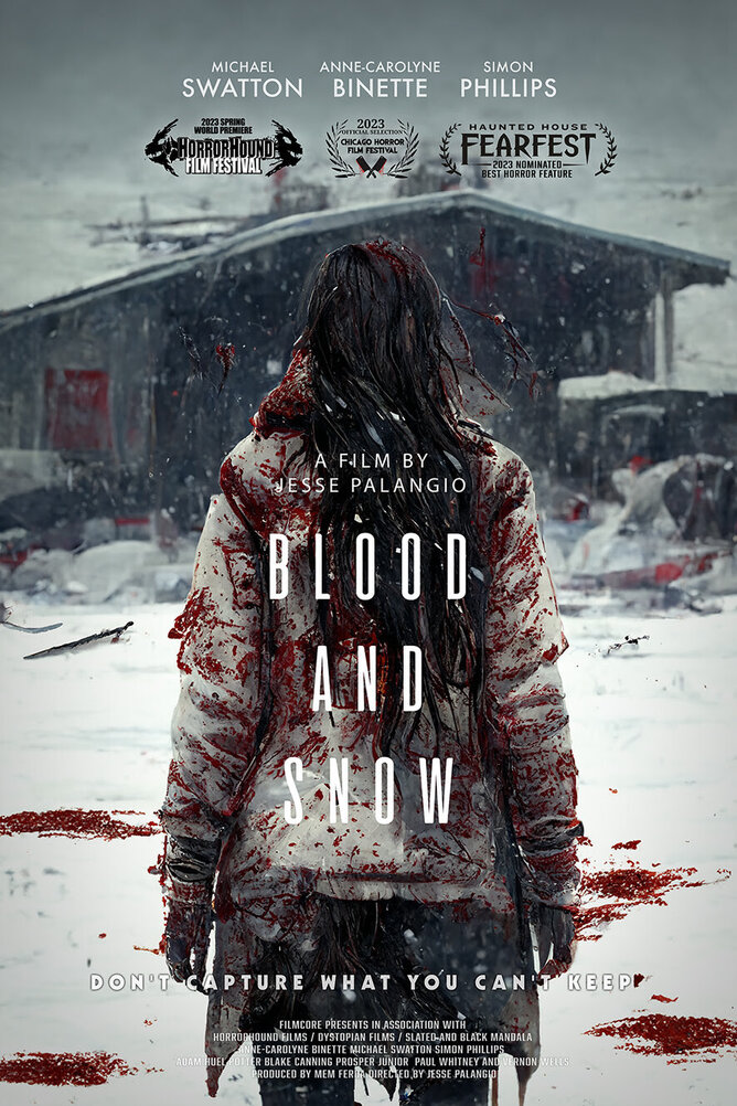 Poster for BLOOD AND SNOW, a sci-fi horror film set in the Arctic tundra. The image features the haunting silhouette of a scientist against a snowy landscape, hinting at the meteorite crash site and mysterious events that unfold.
