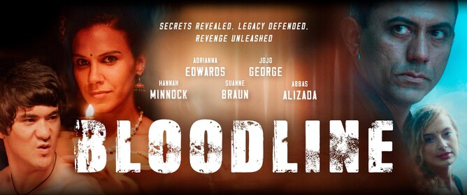 Poster for the action thriller &lsquo;BLOODLINE,&rsquo; featuring lead characters Bella (Adrianna Edwards) and martial artist Lee (Abbas Alizada). The image shows them against a dramatic Indian landscape, with intense expressions hinting at the film's blend of mystery and high-stakes action.