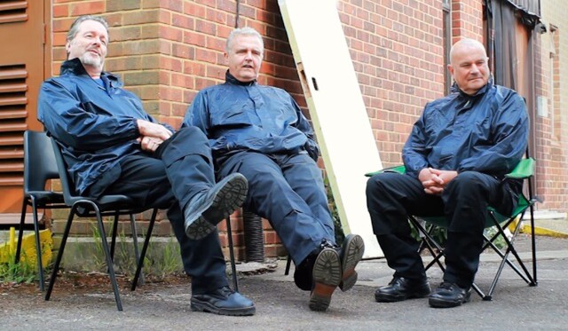 Ian Ogilvy, Tony Denham and Christopher Ellison taking a breather inbetween scenes on We Still Steal The Old Way.