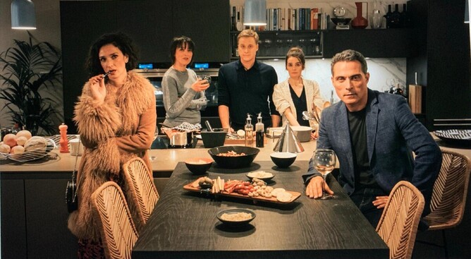 THE TROUBLE WITH JESSICA  - L+R: Indira Varma, Olivia Williams, Alan Tudyk, Shirley Henderson, and Rufus Sewell.