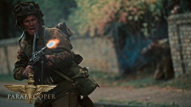 Private McGee (Played by Alex Reece) charging a German tank on D-Day