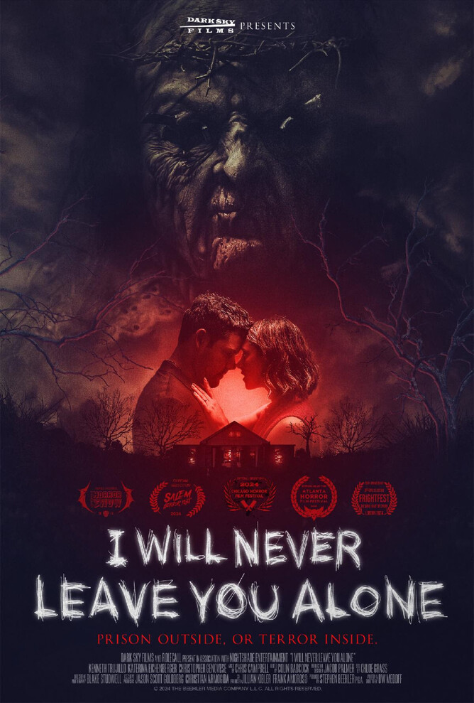 Poster for 'I WILL NEVER LEAVE YOU ALONE,' a supernatural horror film from Dark Sky Films, featuring a haunted house and eerie doll imagery. Streaming October 18.