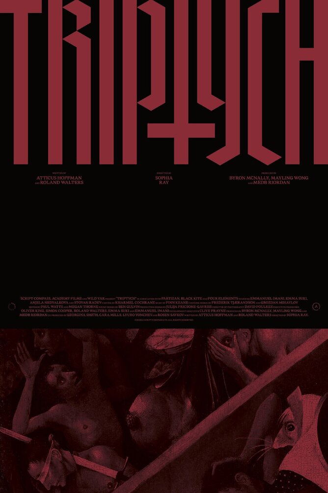 Poster for horror short film ‘TRIPTYCH’ featuring Margaux Kasser, an art dealer with a dark past, set against a backdrop inspired by Hieronymus Bosch’s haunting imagery. Directed by Sophia Ray, starring Emmanuel Imani and Angela Nedyalkov.