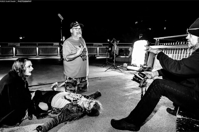 On set of Dick Toes, photo by Scott Doubt. From L - R: Luna, Shelby Alright, kneeling director Lee Gordon Demarbre, camera Petr Maur