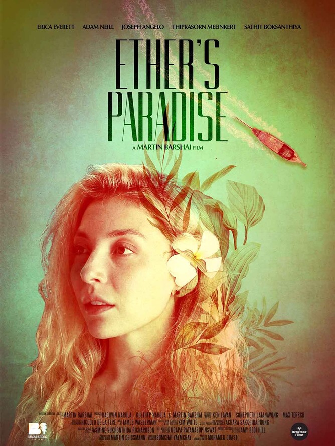 'ETHER’S PARADISE' official still — turquoise waterfalls and jungle backdrop, romantic drama set in Thailand.