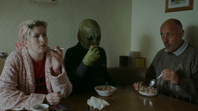 Tracy (Emma Stannard) laying down the ground-rules with Terry  (Dean Kilbey) and MANFISH