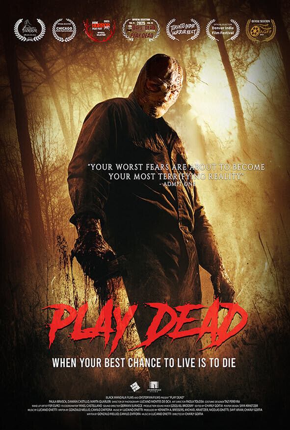 Official poster for 'PLAY DEAD,' a horror film distributed by Black Mandala.