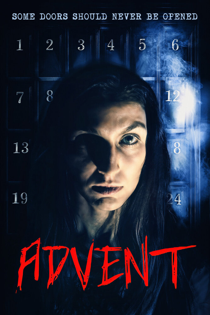 Poster for 'ADVENT,' a psychological horror film starring Nicholas Vince. A sinister advent calendar looms in the background, with eerie shadows and Christmas imagery. The tagline reads, "Every door opens a new nightmare.