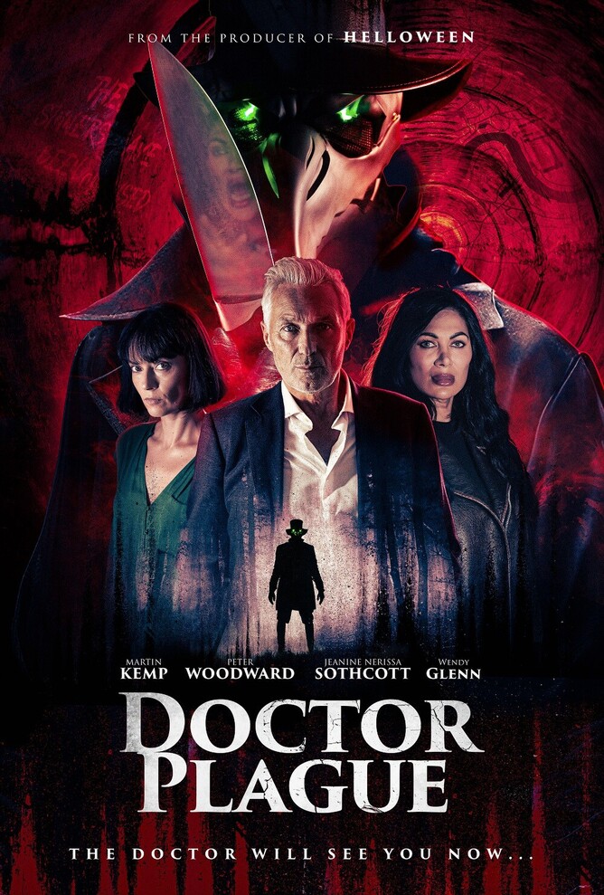 Poster for 'DOCTOR PLAGUE' featuring Martin Kemp as Detective John Verney, flanked by two characters against a haunting backdrop of a sinister Plague Doctor figure with glowing green eyes. The tagline reads: "The Doctor Will See You Now…