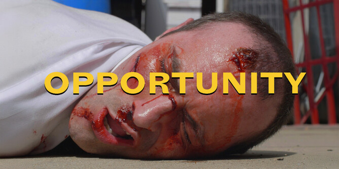 Official poster for 'OPPORTUNITY' (2024), an action-comedy-crime film directed by Rusty Rehl, featuring Patrick (Jon Waters) and Donnie (Quinn Aikele) as they battle Mormon gangsters in their pursuit of a better lif