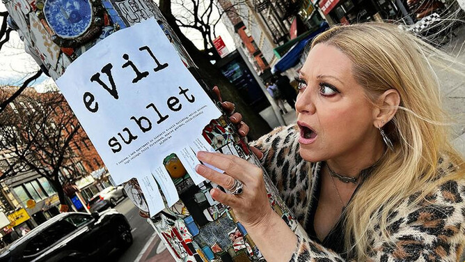 Movie poster for 'eVIL SUBLET' featuring Jennifer Leigh Houston and Sally Struthers, now streaming on demand for Halloween 2024