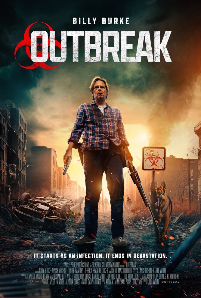 Poster for OUTBREAK, a psychological zombie thriller directed by Jeff Wolfe. Features Billy Burke, Taylor Handley, and Jessica Dukes in a story about a family uncovering chilling secrets while navigating the mystery of their missing son.