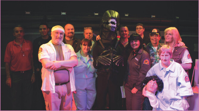 Paranoid Dramatics Amateur Group’s first production of 'ALIEN' in Wimborne, Dorset, featuring bus drivers performing a stage adaptation of the iconic sci-fi horror film.