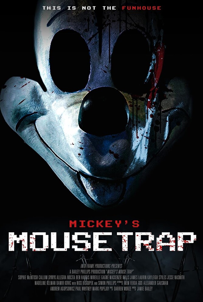 Poster for MICKEY'S MOUSE TRAP, a horror comedy about a masked killer dressed as Mickey Mouse stalking Alex and her friends at an amusement arcade. The image teases the blend of humor and horror with its dark and playful aesthetic.