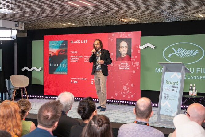 Producer Kęstutis Drazdauskas presents the political thriller 'BLACK LIST' during the Cannes Next session at the 2025 Cannes Film Festival, supported by Largo.ai.
