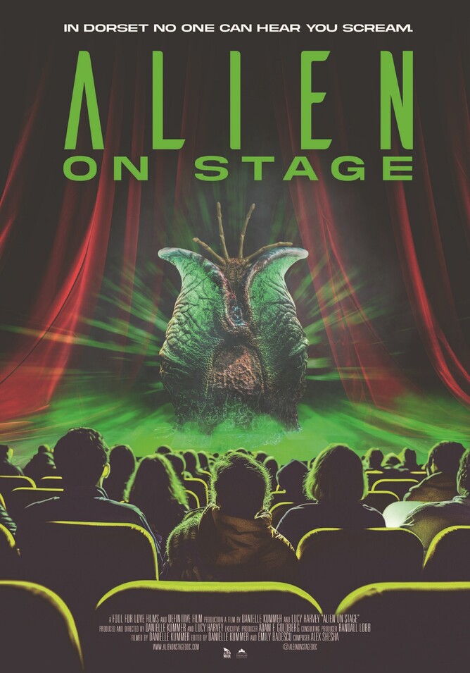 Poster for the documentary 'ALIEN ON STAGE,' showcasing the amateur dramatics group's journey from Dorset to the West End with their stage adaptation of the sci-fi classic 'ALIEN'.