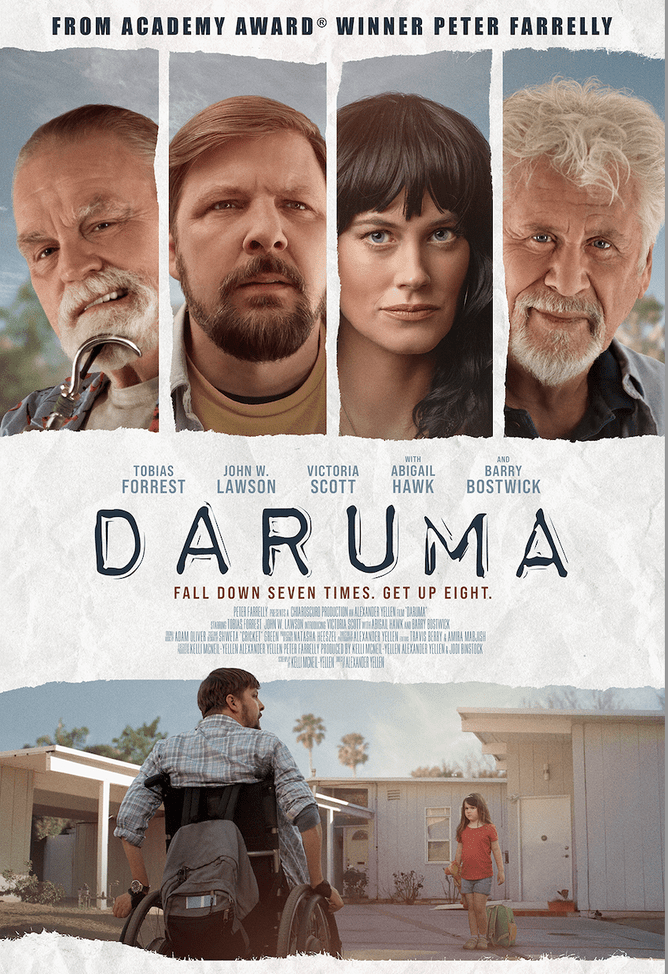 Official poster for 'DARUMA,' a dramedy about an unexpected road trip with Patrick, a bitter wheelchair user, and his cantankerous double-amputee neighbor Robert, as they transport Patrick’s four-year-old daughter to her maternal grandparents across the country.