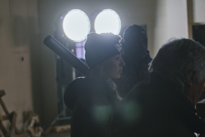 Emily Haig on the set of Officer Down