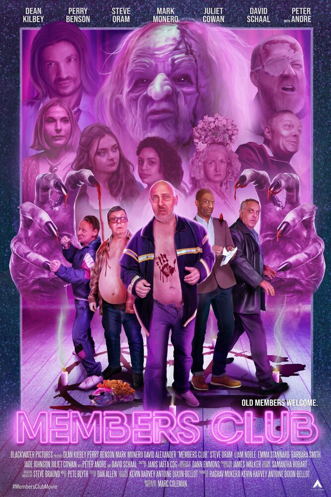 Poster for 'MEMBERS CLUB' (2024), a British comedy horror directed by Marc Coleman, featuring a male stripper group drawn into a dark plot to resurrect a 16th-century witch.