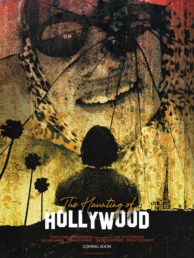 Poster for 'THE HAUNTING OF HOLLYWOOD,' a psychological thriller releasing on Amazon Halloween, October 31st. The image shows the iconic Hollywood sign under a gloomy sky, with dark shadows cast across it. In the foreground, a lone figure stands at a distance, looking up toward the sign, symbolizing both the allure and darkness of Hollywood. The tagline reads, “Where Fame Turns to Fear.