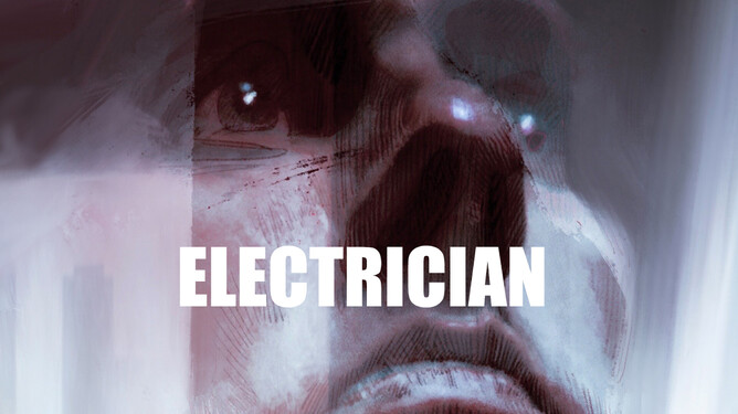 'ELECTRICIAN' indie film poster featuring a lonely man standing in the shadow of a doorway, symbolizing his struggle to reconnect with his past.