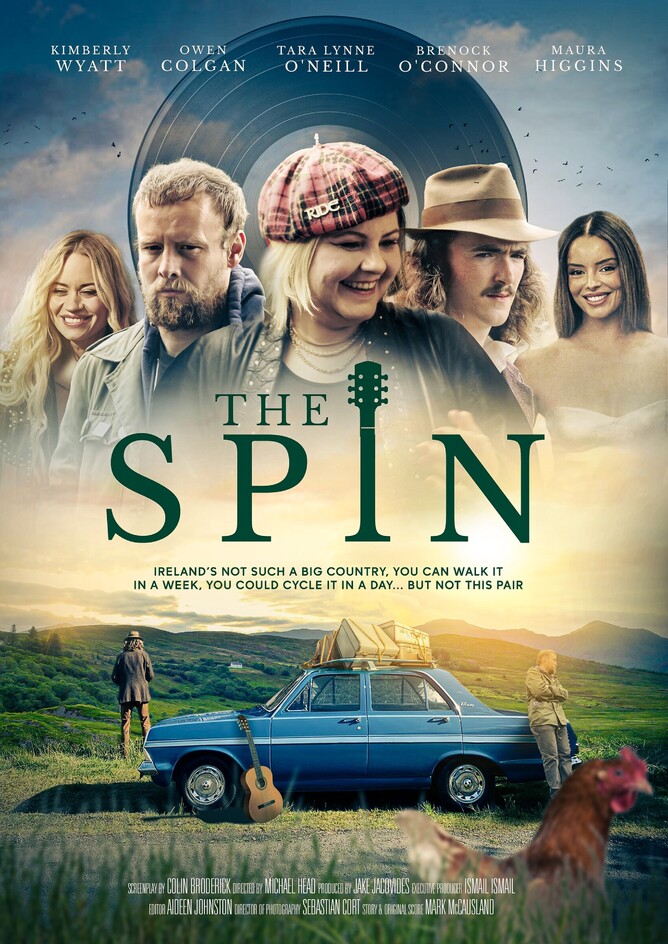 Poster for 'THE SPIN,' a music-themed comedy featuring a group of friends on a road trip to save their record shop, with stars Tara Lynne O'Neil, Owen Colgan, and Brenock O'Connor, directed by Michael Head.