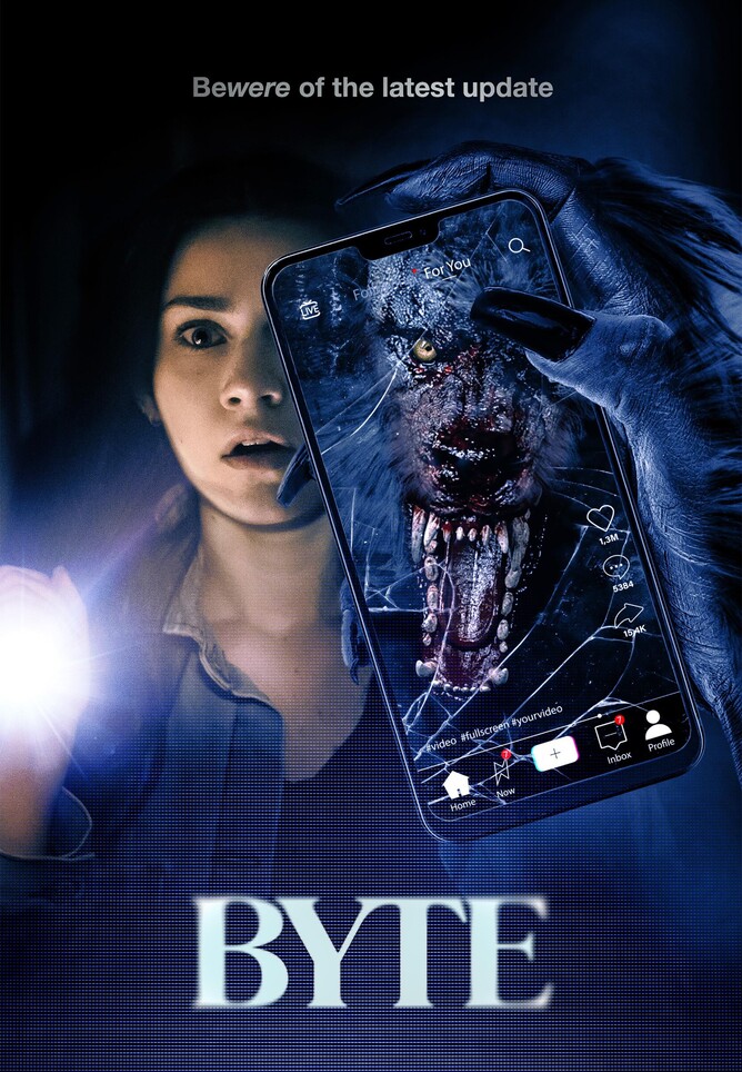 Poster for BYTE, a horror film about college friends transforming into werewolves after discovering a mysterious phone app. Featuring a dark and suspenseful design that hints at the terror unleashed by the curse.