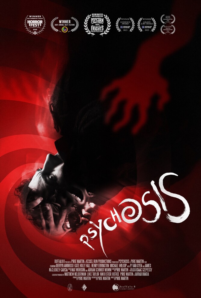 PSYCHOSIS movie poster showing a dark, shadowy figure representing the psychological chaos of the protagonist.