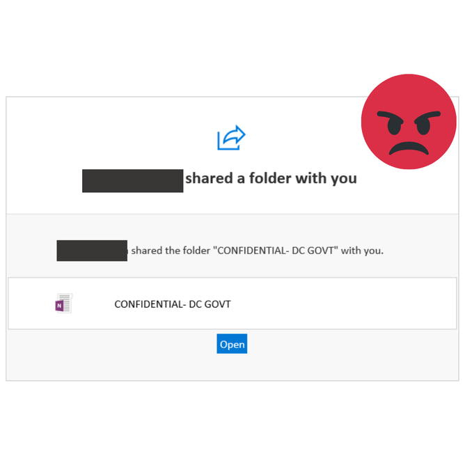 Malicious e mail that shows someone has sent confidential documents and asks you to click on the link - we have added an angry face to it!