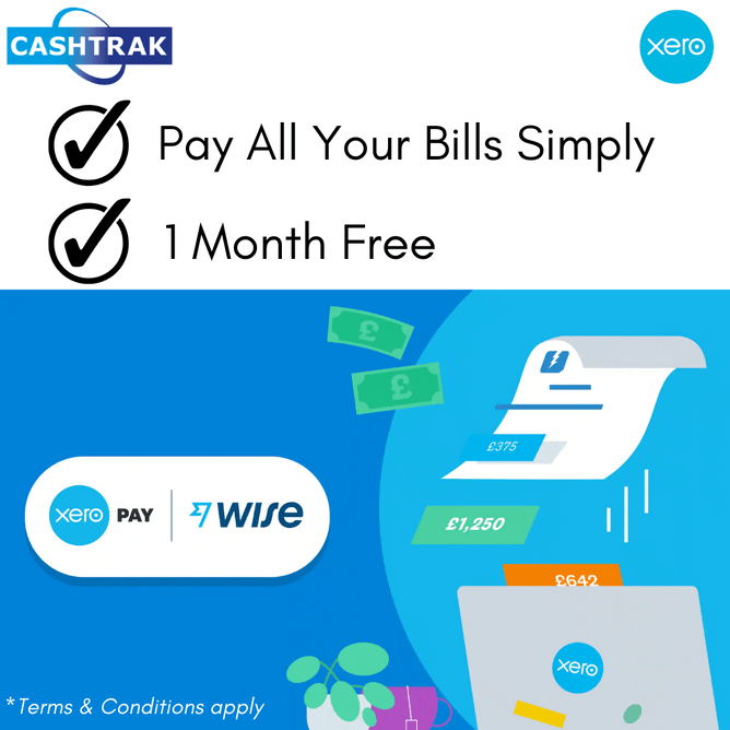 Xero Pay Wise logo and image with wording that reads - pay all your bills simply and 1 month free