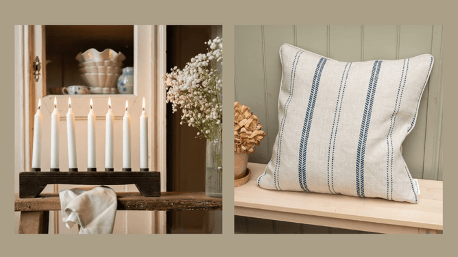 7 Slot Woodern candle holder & Slade stripe natural linen cushion